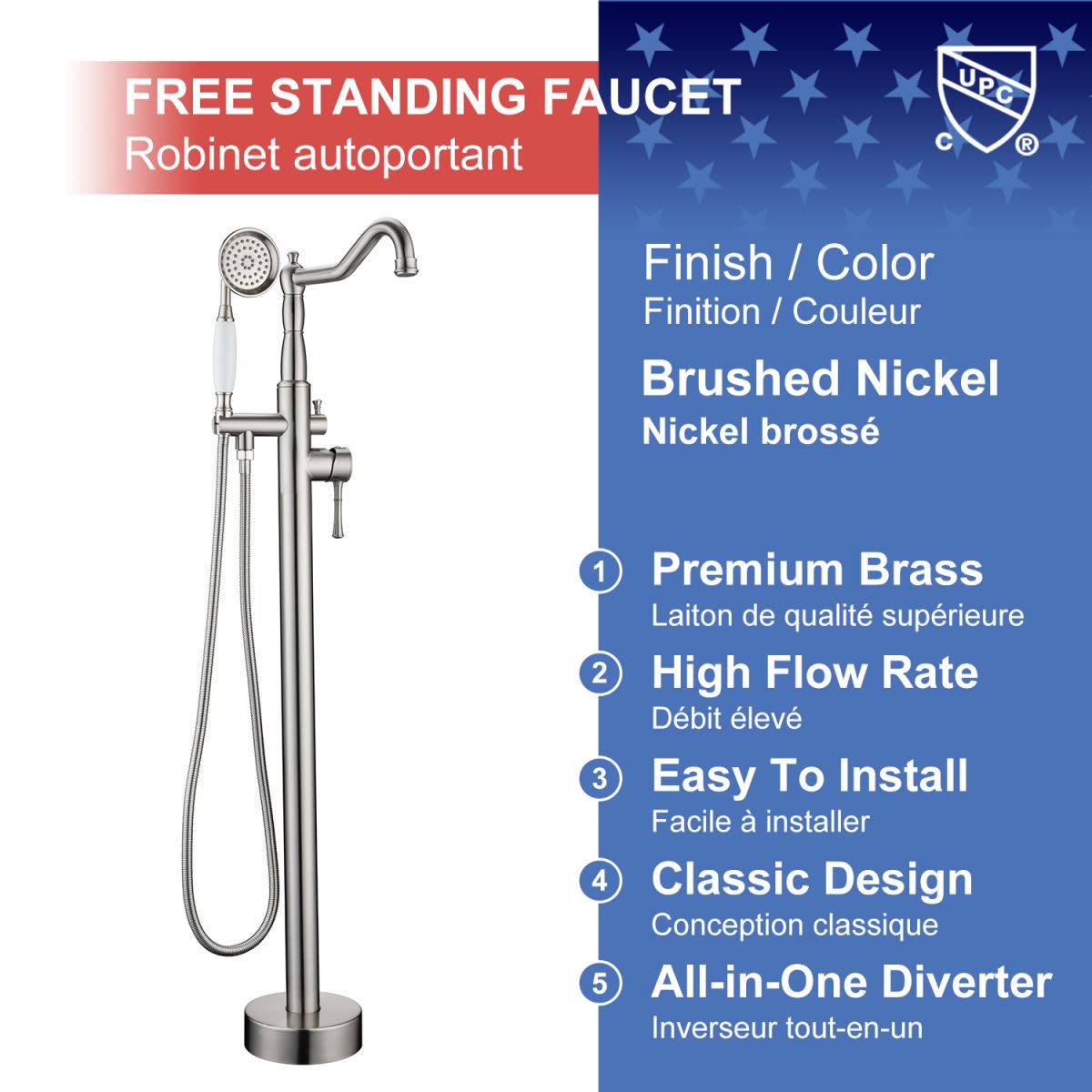 Single Handle Floor Mounted Clawfoot Tub Faucet with Handheld Shower RX8009
