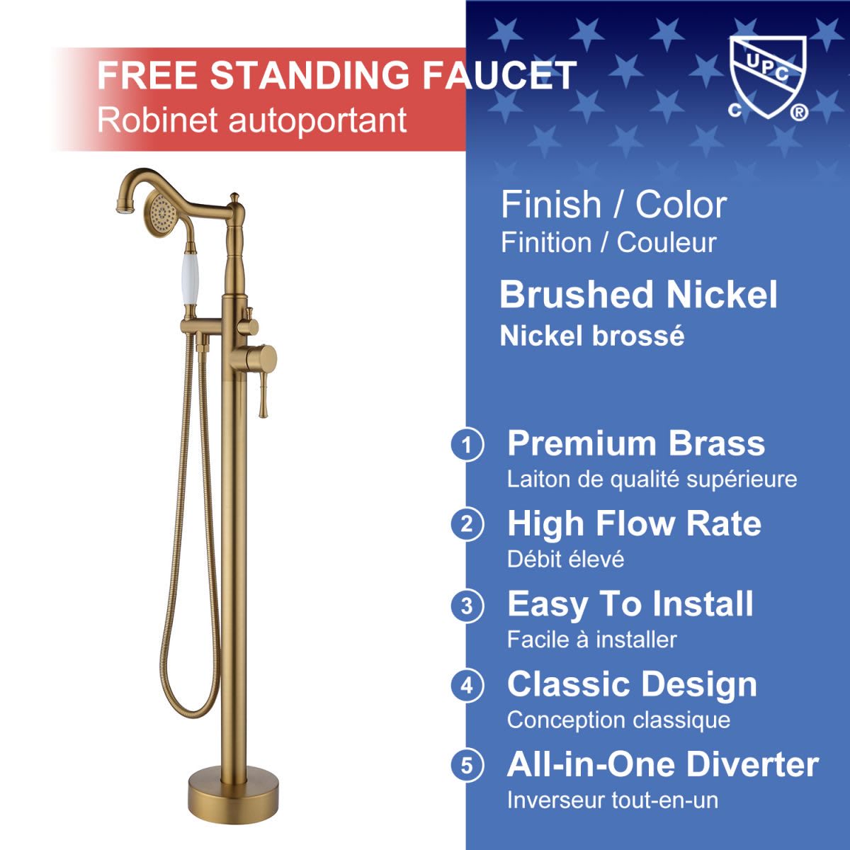 Single Handle Floor Mounted Clawfoot Tub Faucet with Handheld Shower RX8009