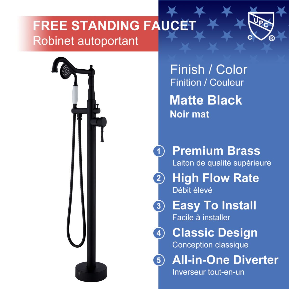 Single Handle Floor Mounted Clawfoot Tub Faucet with Handheld Shower RX8009