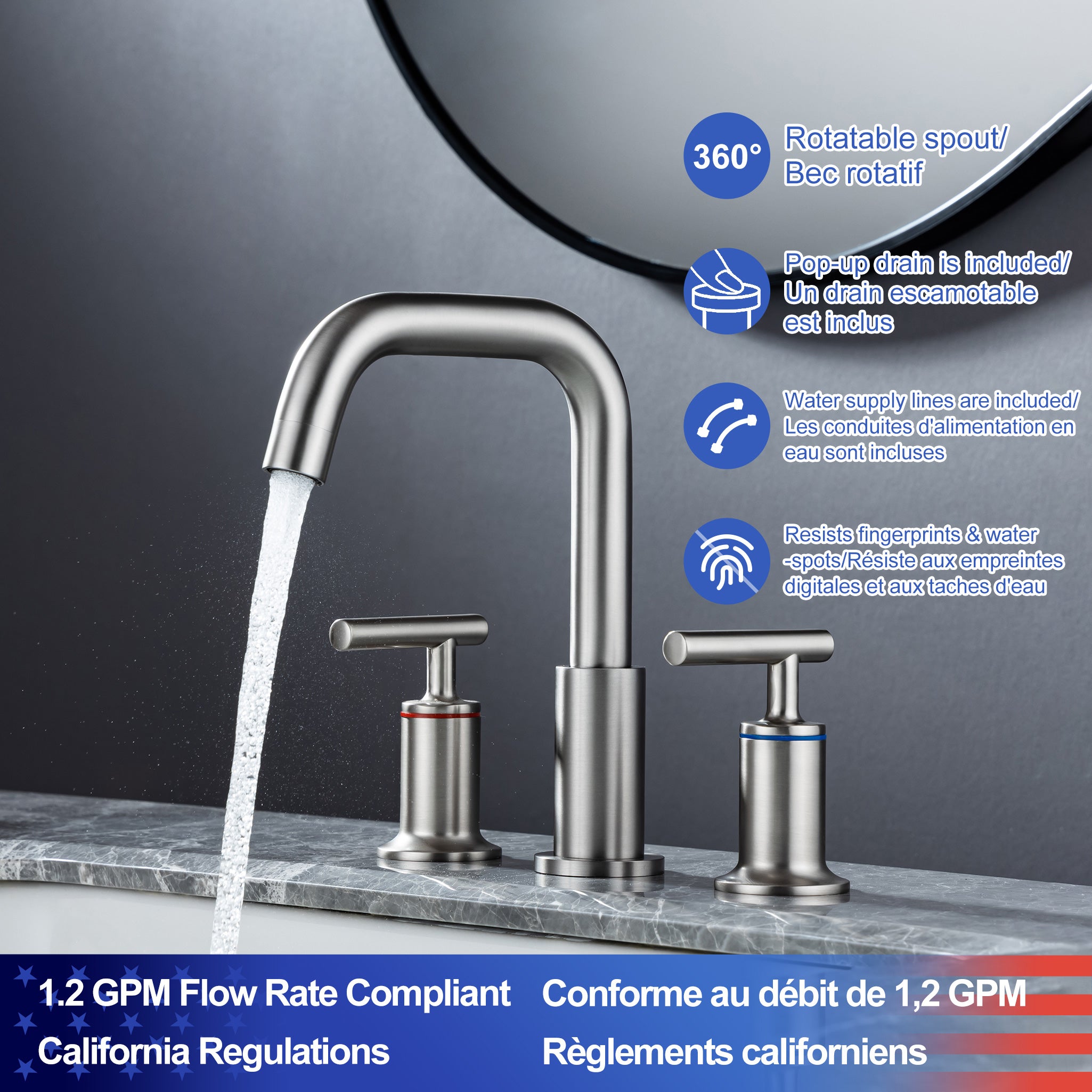 Widespread Faucet 2-handle Bathroom Faucet with Drain Assembly RX83009