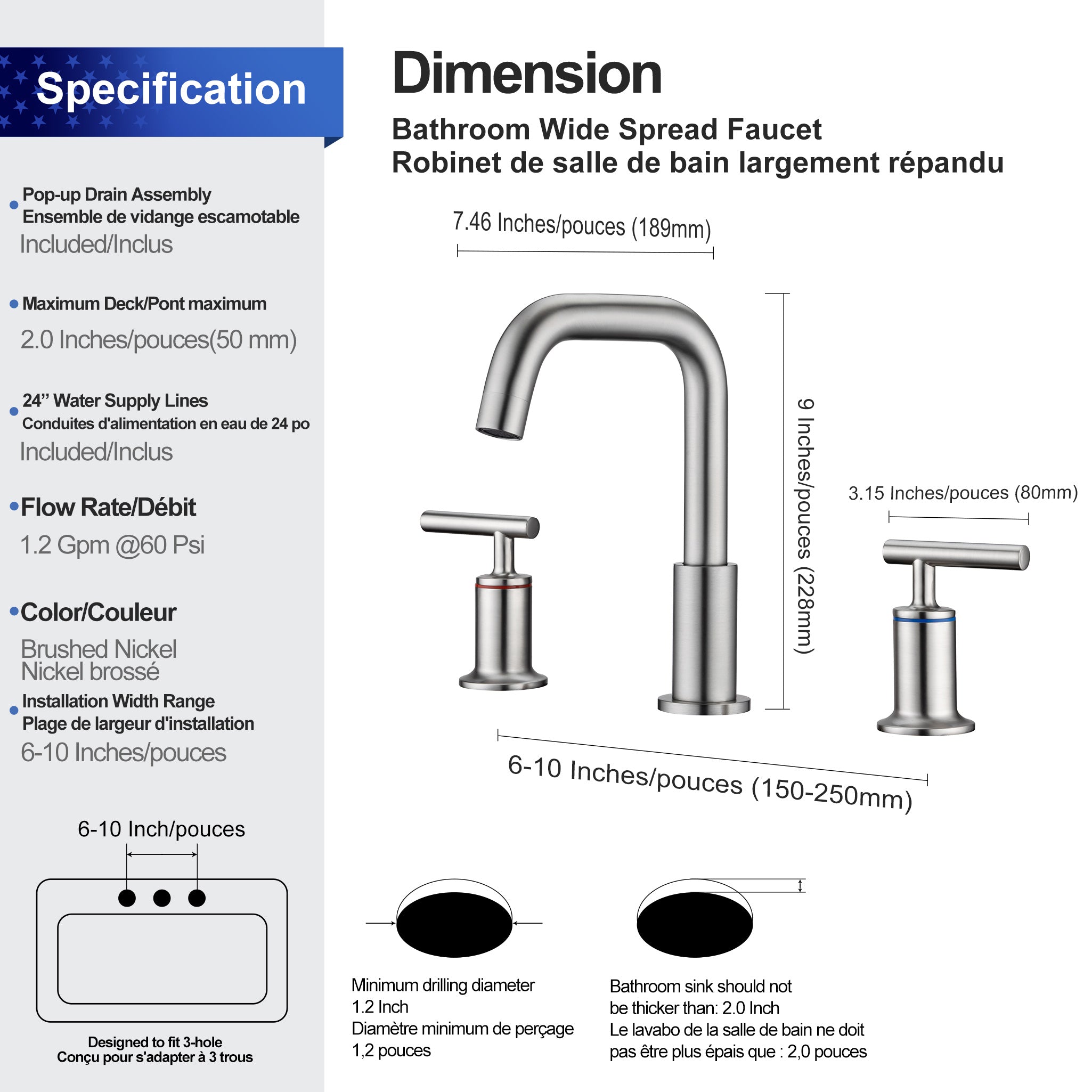 Widespread Faucet 2-handle Bathroom Faucet with Drain Assembly RX83009