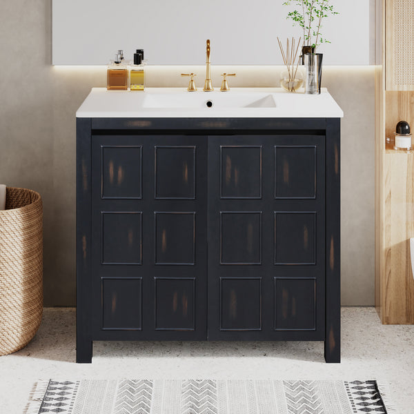 36 " Bathroom Vanity Organizer with Ceramic Sink, Set Bathroom Storage Cabinet, Vintage Espresso