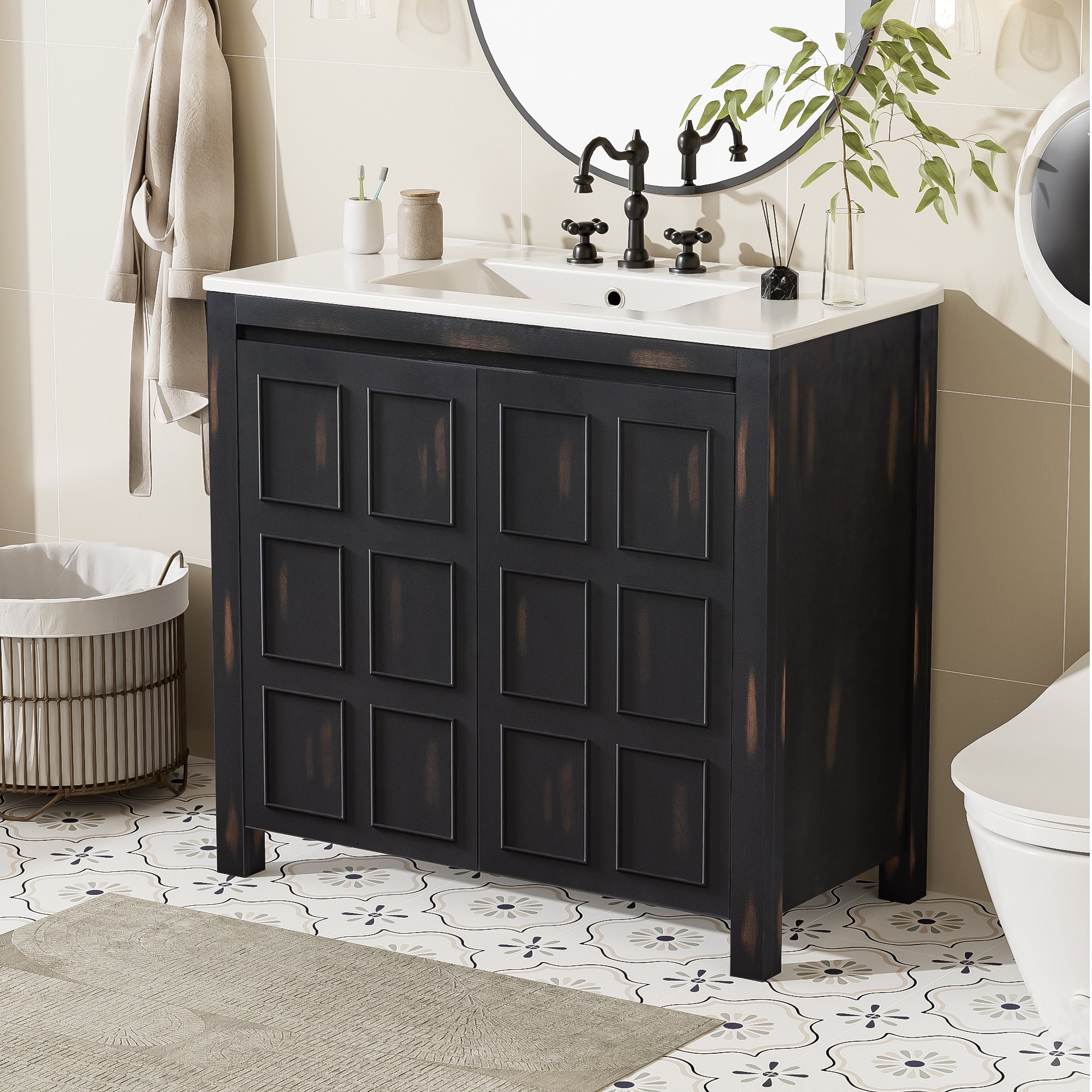 36 " Bathroom Vanity Organizer with Ceramic Sink, Set Bathroom Storage Cabinet, Vintage Espresso