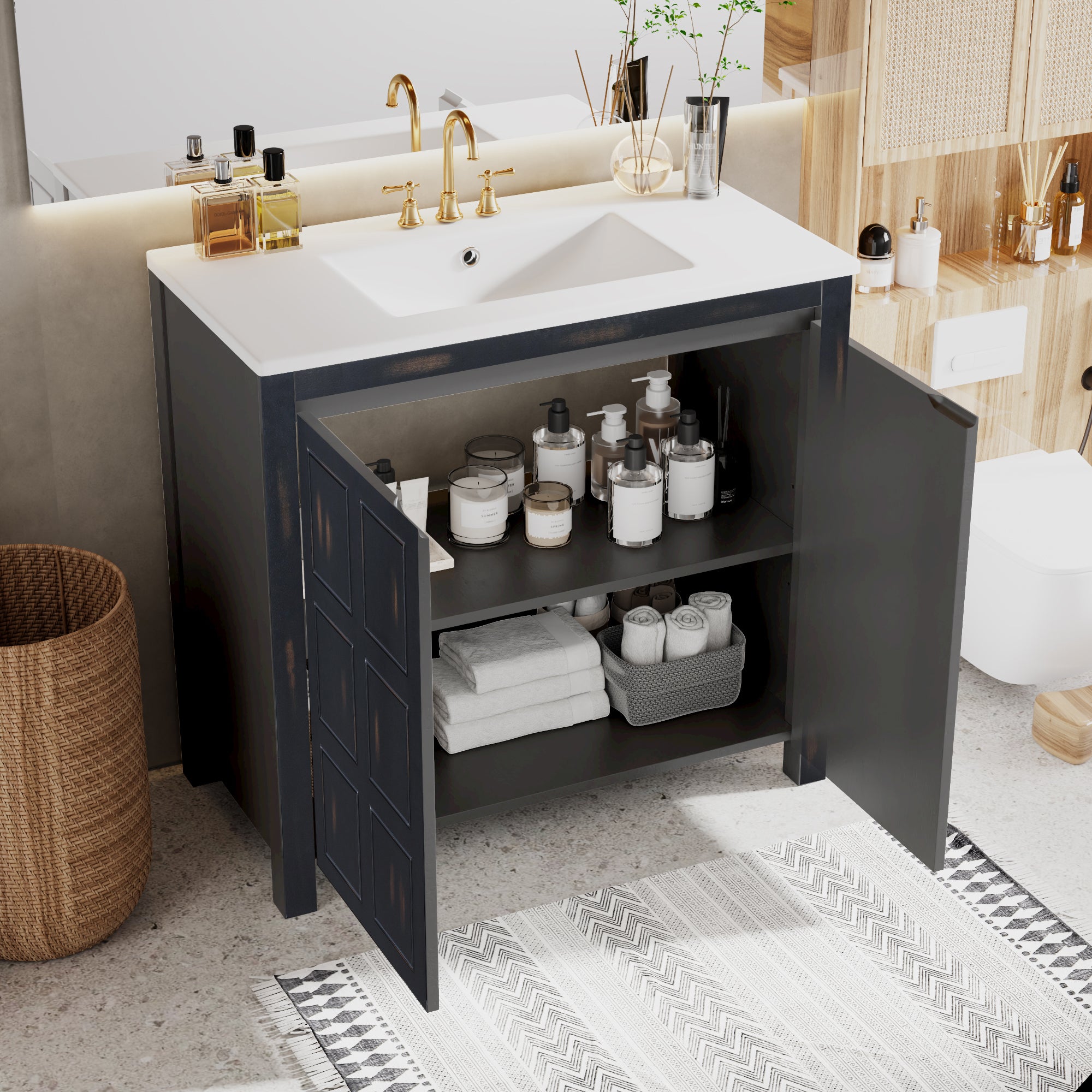 36 " Bathroom Vanity Organizer with Ceramic Sink, Set Bathroom Storage Cabinet, Vintage Espresso