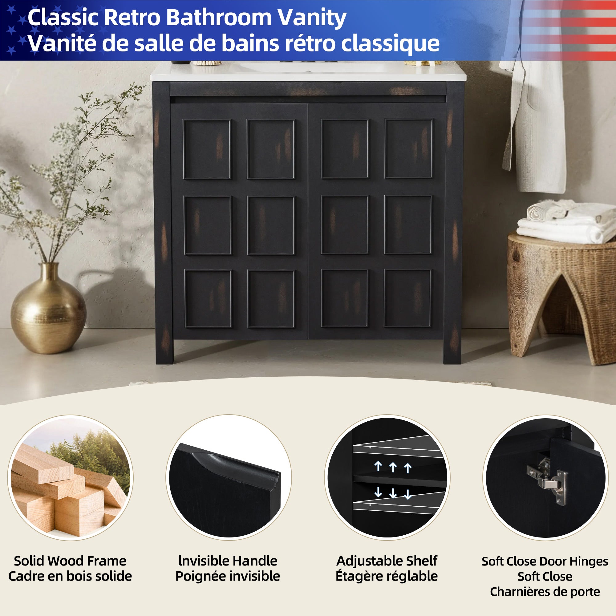 36 " Bathroom Vanity Organizer with Ceramic Sink, Set Bathroom Storage Cabinet, Vintage Espresso