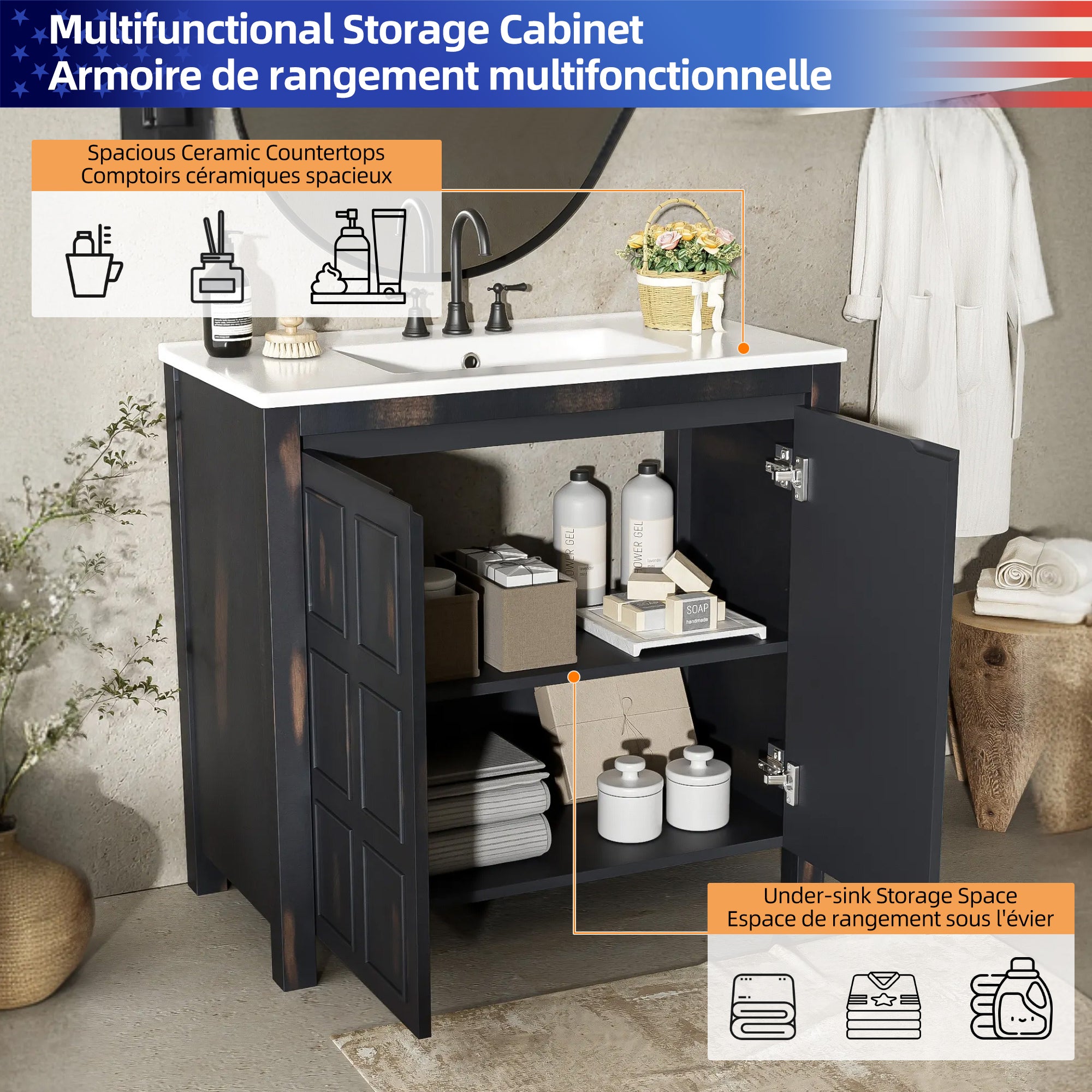 36 " Bathroom Vanity Organizer with Ceramic Sink, Set Bathroom Storage Cabinet, Vintage Espresso