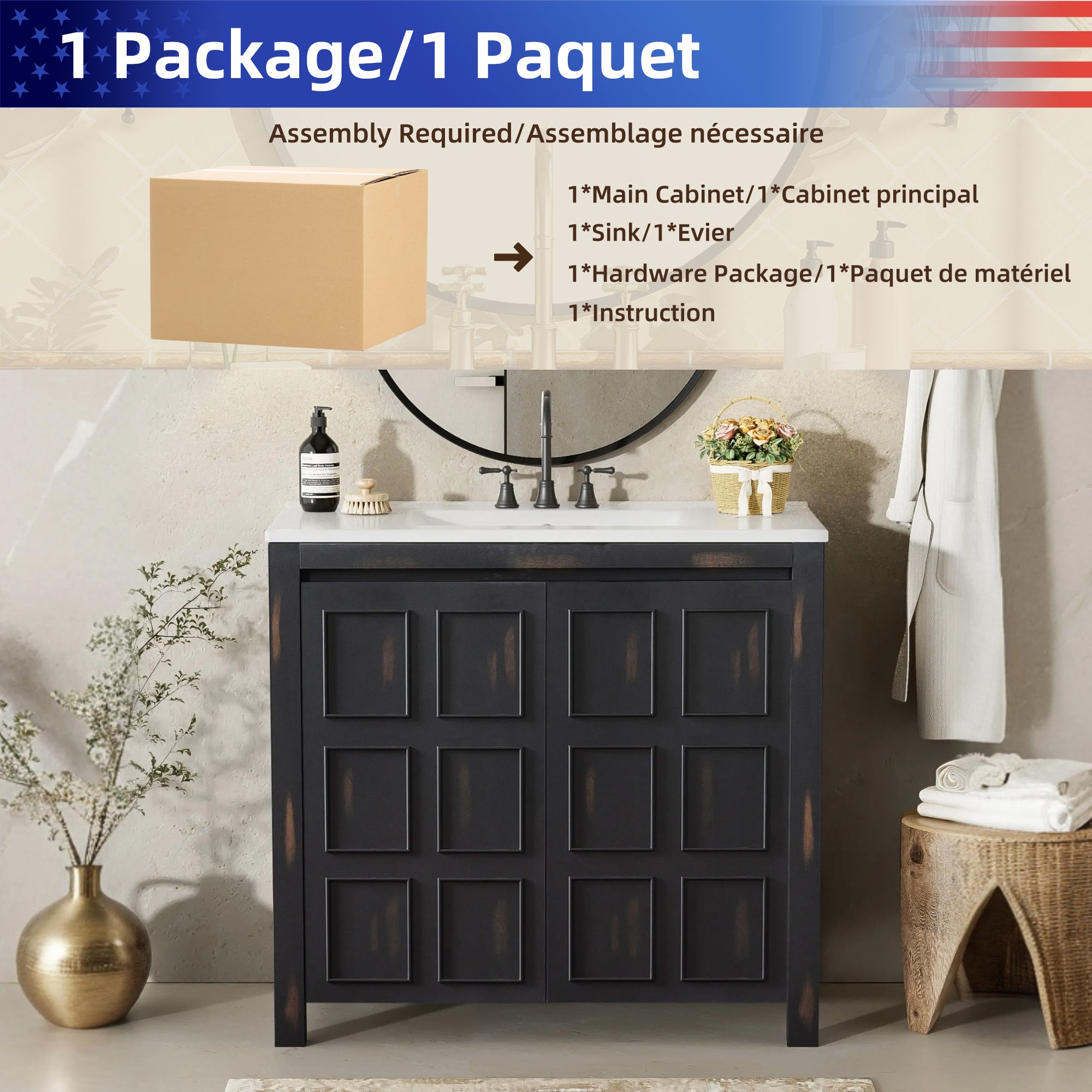 36 " Bathroom Vanity Organizer with Ceramic Sink, Set Bathroom Storage Cabinet, Vintage Espresso