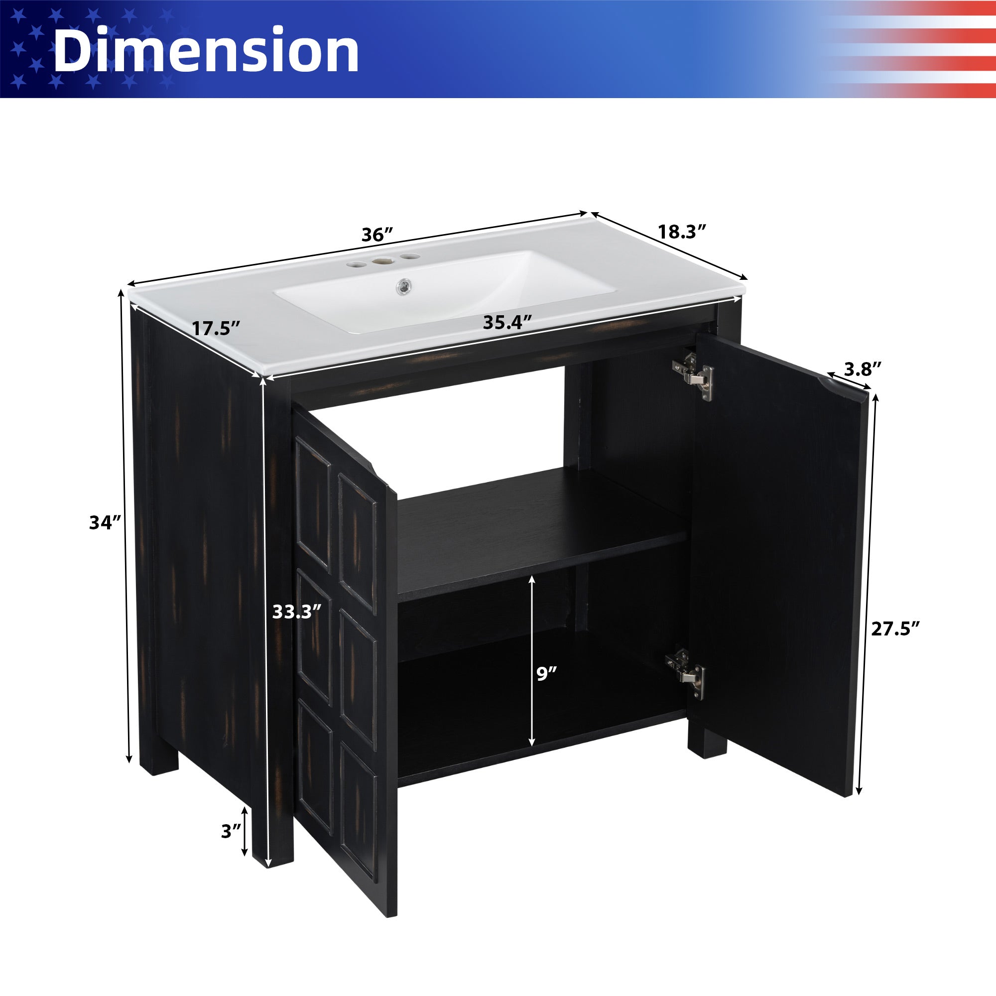 36 " Bathroom Vanity Organizer with Ceramic Sink, Set Bathroom Storage Cabinet, Vintage Espresso