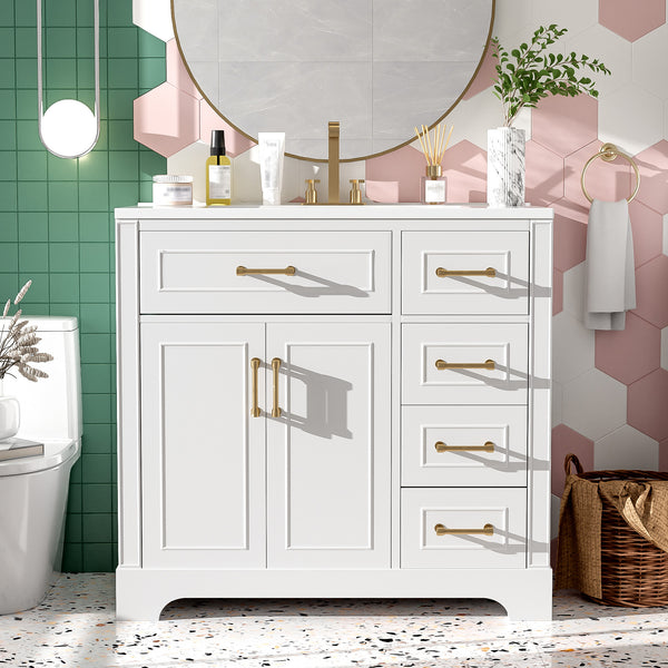 36" Luxury Elegant Bathroom Vanity with Ceramic Sink, Soft Closing Doors, 4 Durable Smooth Soft-close Drawers, 1 Adjustable Shelf , Modern Design, Solid Wood Frame