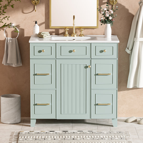 36" Green Bathroom Vanity with Ceramic Sink, Soft-Close Doors, 2 Double-Layer & 2 Standard Drawers, Adjustable Shelf