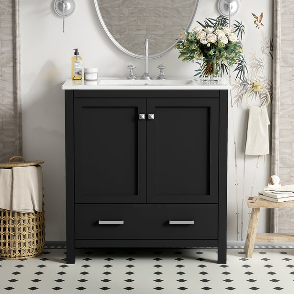 30" Bathroom Vanity with Single Sink, Combo Cabinet Undermount Sink, Bathroom Storage Cabinet with 2 Doors and a Drawer, Soft Closing, Multifunctional Storage, Solid Wood Frame