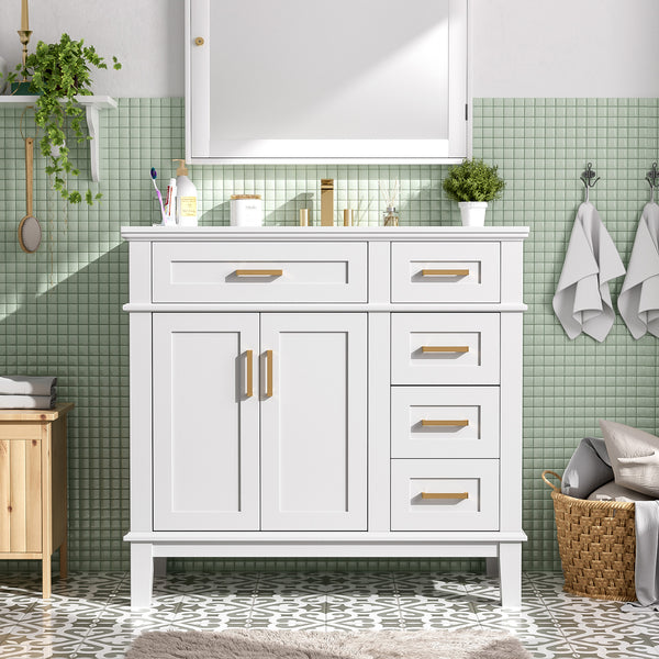 36" White Modern Bathroom Vanity with Ceramic Sink, Soft Close Doors, 4 Drawers for Storage, Elegant Design for Small Bathrooms