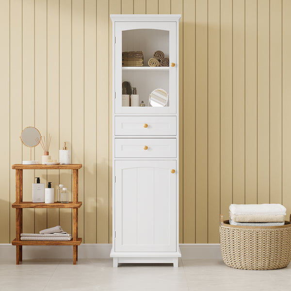 63-inch tall bathroom storage cabinet with glass doors, freestanding design featuring two drawers and adjustable shelves. Made of medium-density fiberboard, it perfectly showcases your cherished items.