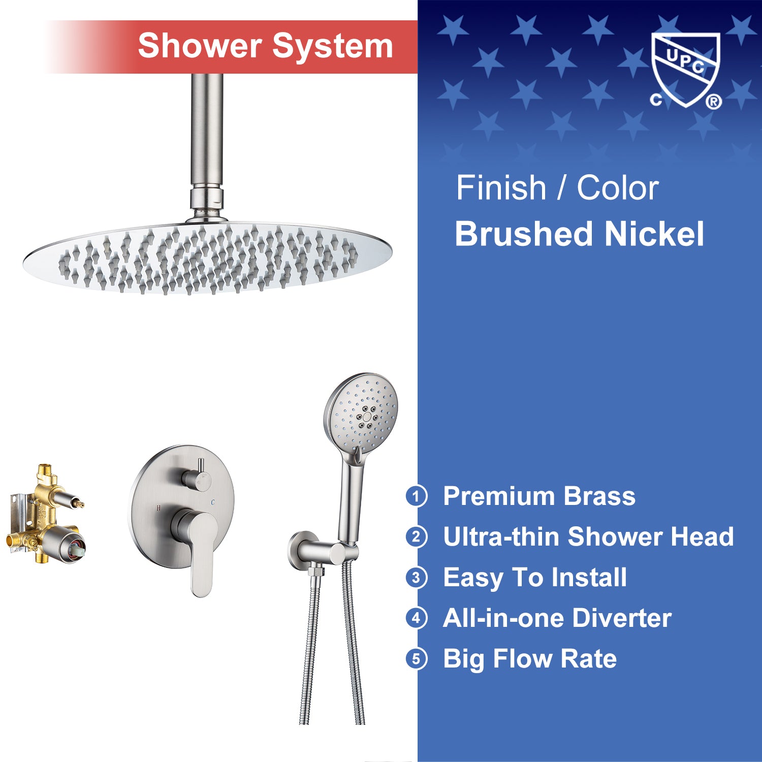 10" Shower Head 2-way Ceiling-Mount Round Shower Faucet with Rough-in Valve RX96205-10