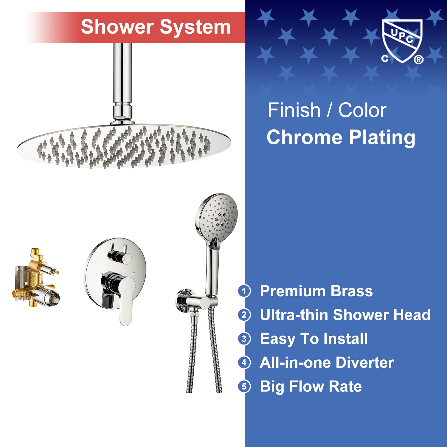 10" Shower Head 2-way Ceiling-Mount Round Shower Faucet with Rough-in Valve RX96205-10