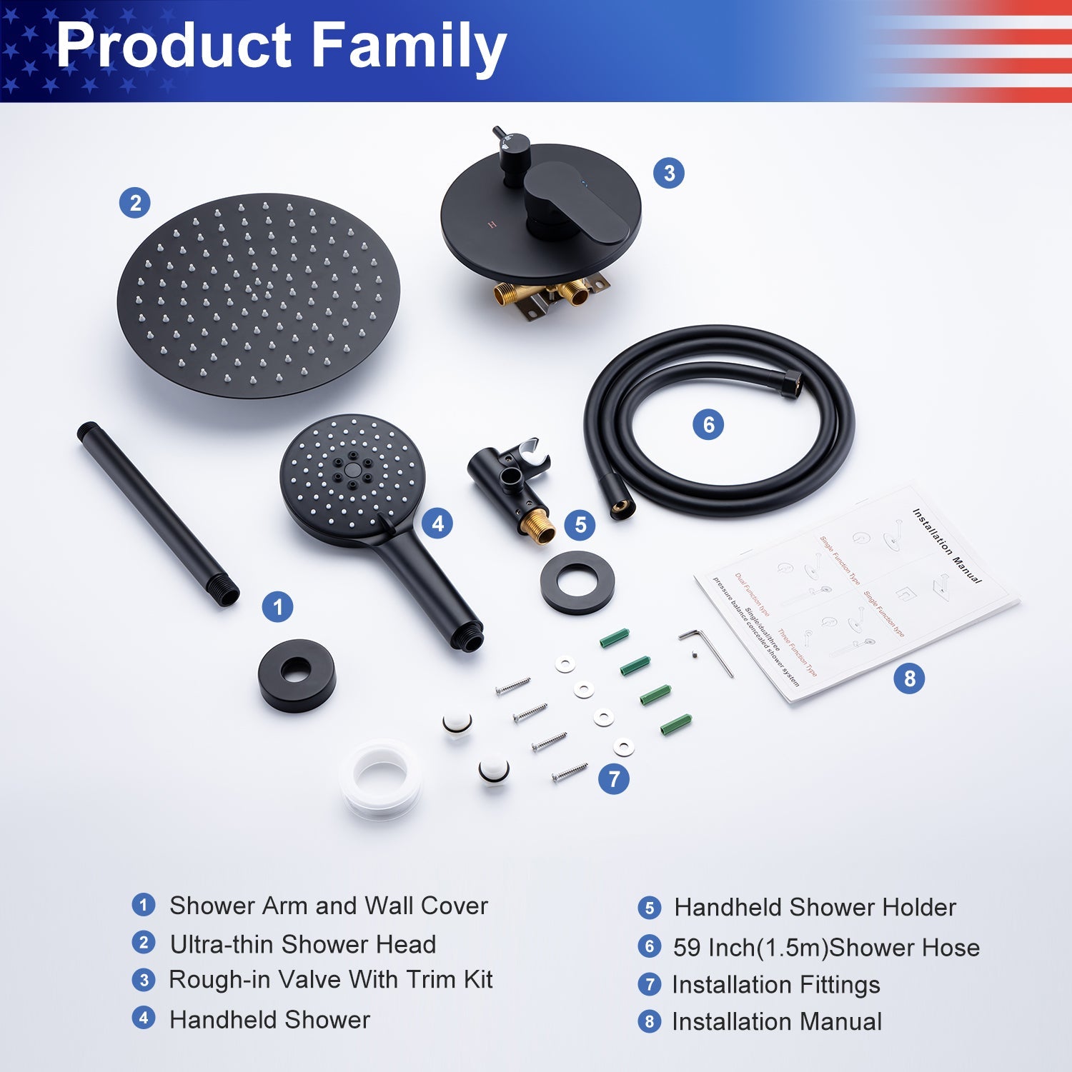 Handheld shower head with hose and mounting bracket